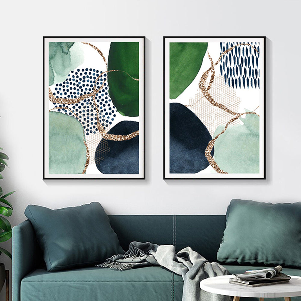 50cmx70cm Abstract Green and Navy 2 Sets Black Frame Canvas Wall Art - BM House & Garden