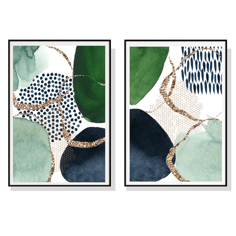 60cmx90cm Abstract Green and Navy 2 Sets Black Frame Canvas Wall Art - BM House & Garden