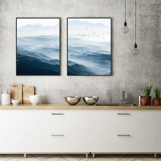 50cmx70cm Blue mountains 2 Sets Black  Frame Canvas Wall Art - BM House & Garden