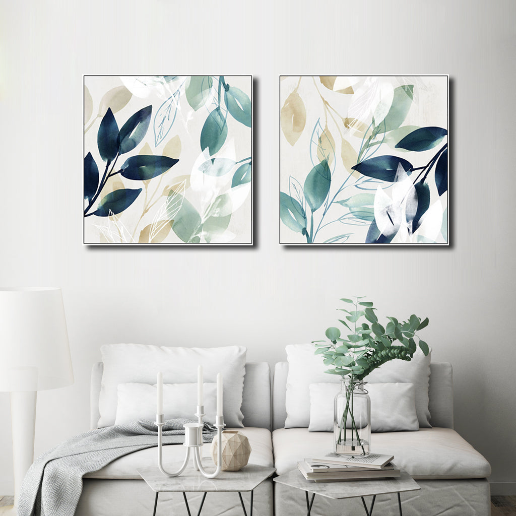 50cmx50cm Watercolour style leaves 2 Sets White Frame Canvas Wall Art - BM House & Garden
