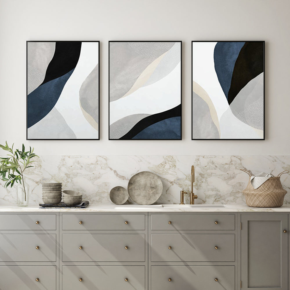 50cmx70cm Abstract Navy Blue 3 Sets Black Frame Canvas Wall Art - BM House & Garden