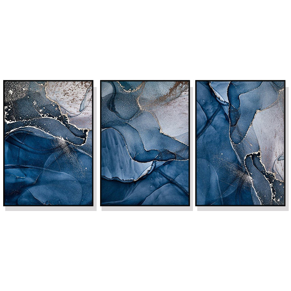 50cmx70cm Blue Gold Marble 3 Sets Black Frame Canvas Wall Art - BM House & Garden