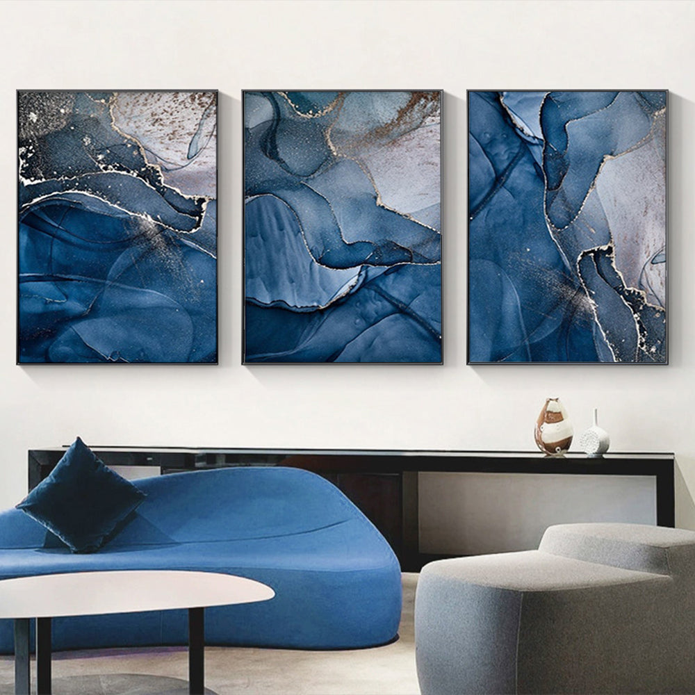 50cmx70cm Blue Gold Marble 3 Sets Black Frame Canvas Wall Art - BM House & Garden
