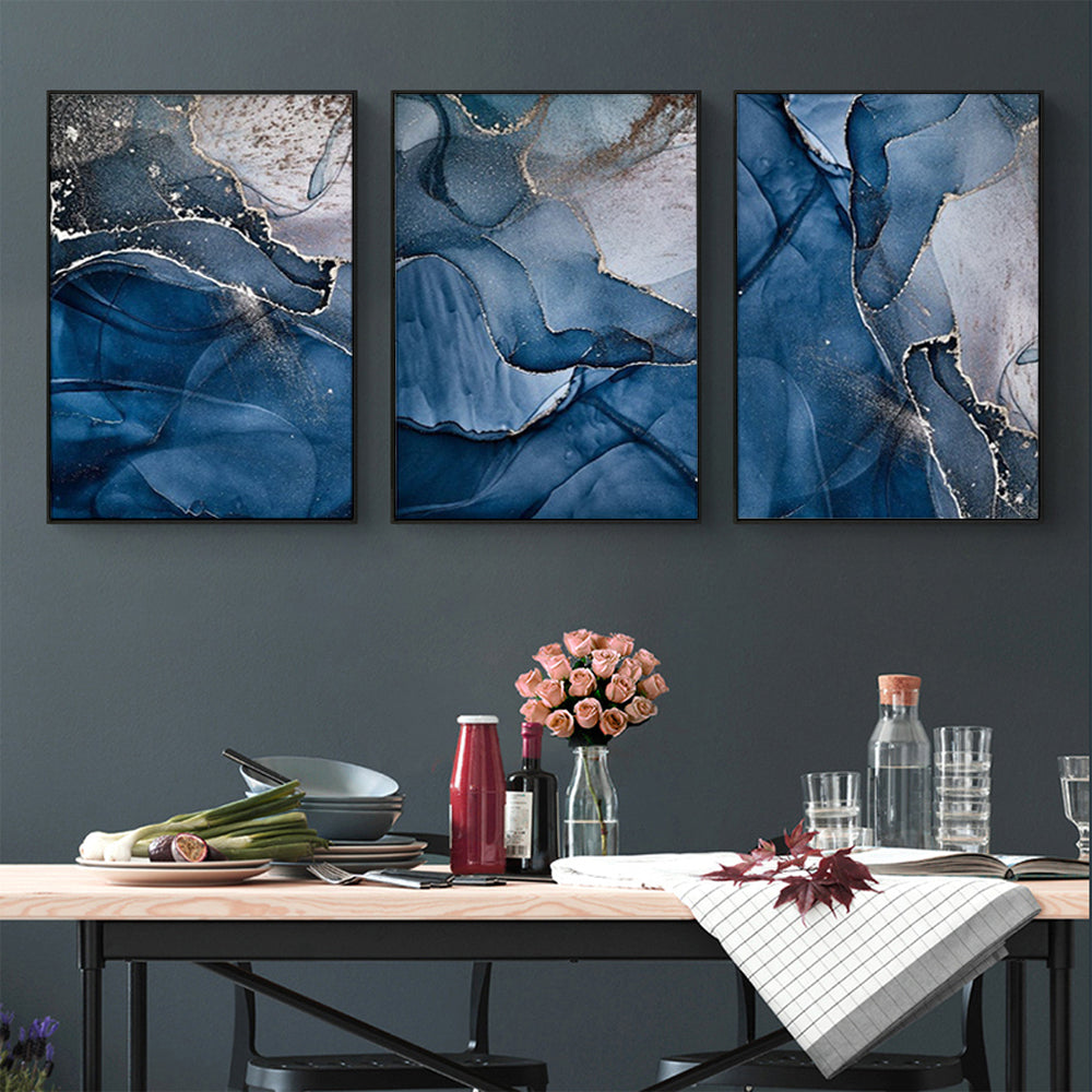 60cmx90cm Blue Gold Marble 3 Sets Black Frame Canvas Wall Art - BM House & Garden