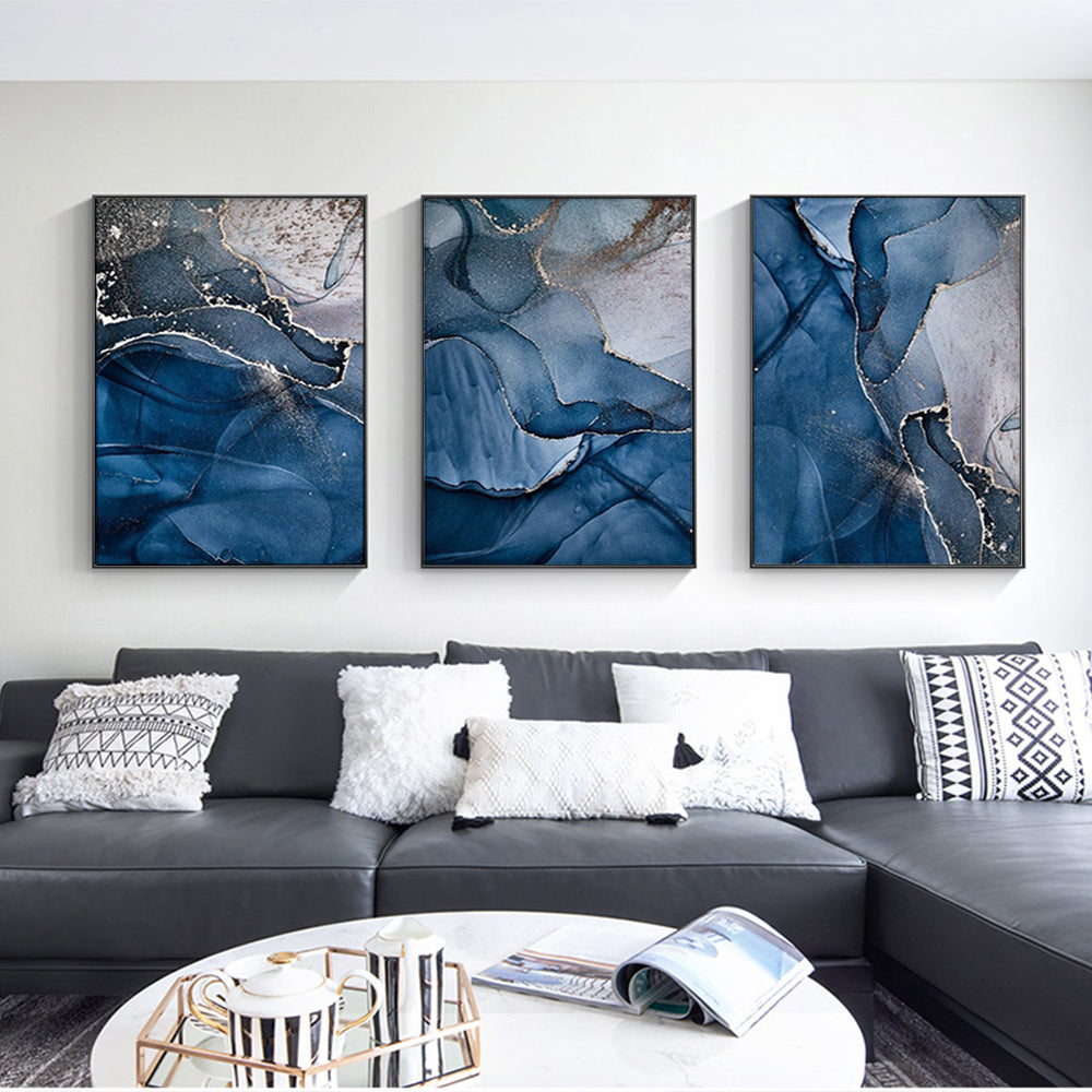 60cmx90cm Blue Gold Marble 3 Sets Black Frame Canvas Wall Art - BM House & Garden