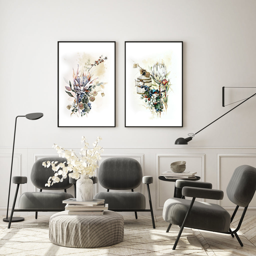 50cmx70cm Berries And Protea 2 Sets Black Frame Canvas Wall Art - BM House & Garden