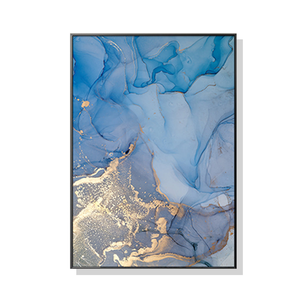60cmx90cm Light Blue Marble With Gold Splash Black Frame Canvas Wall Art - BM House & Garden