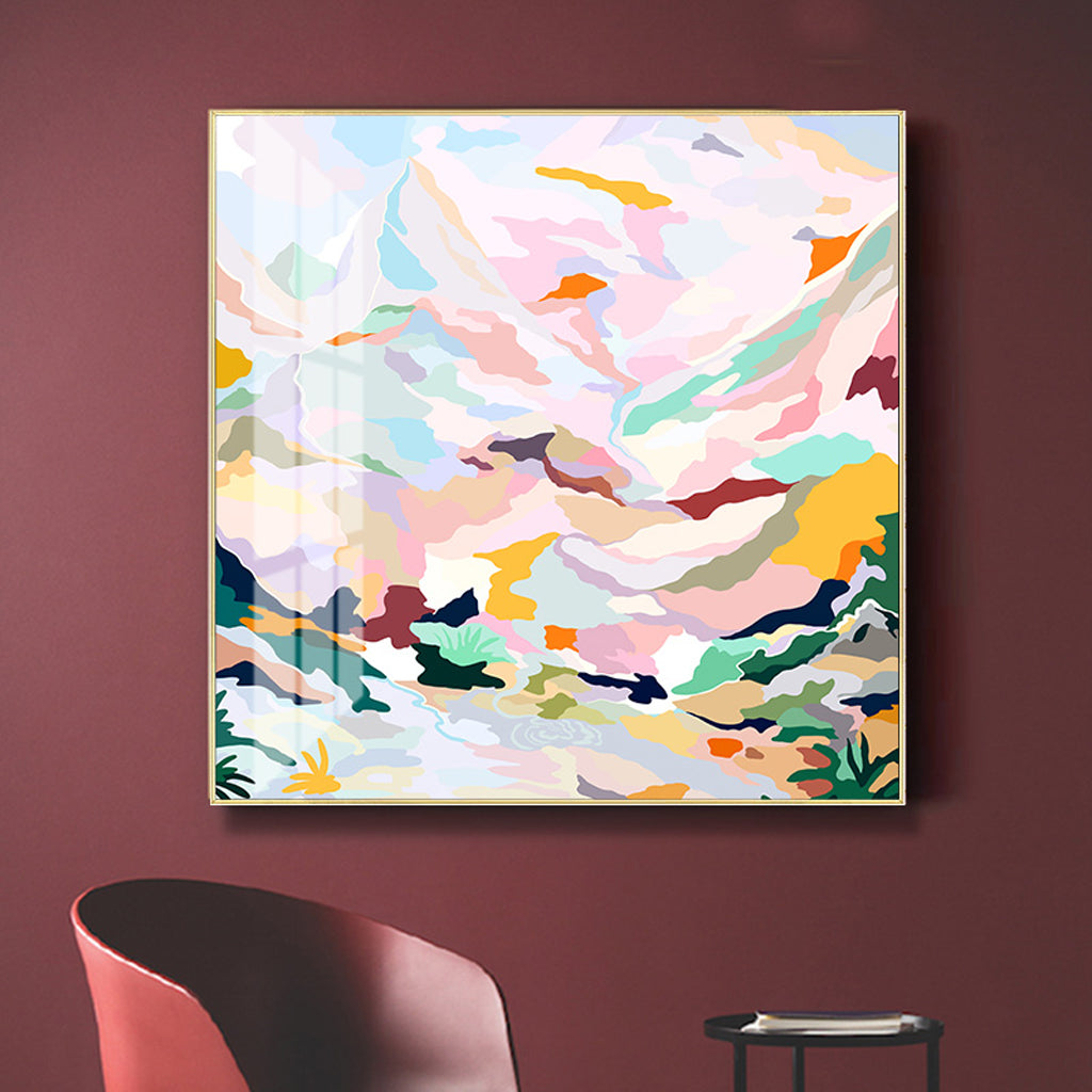 50cmx50cm Abstract Pink Mountain Hand Painted Style Gold Frame Canvas Wall Art - BM House & Garden