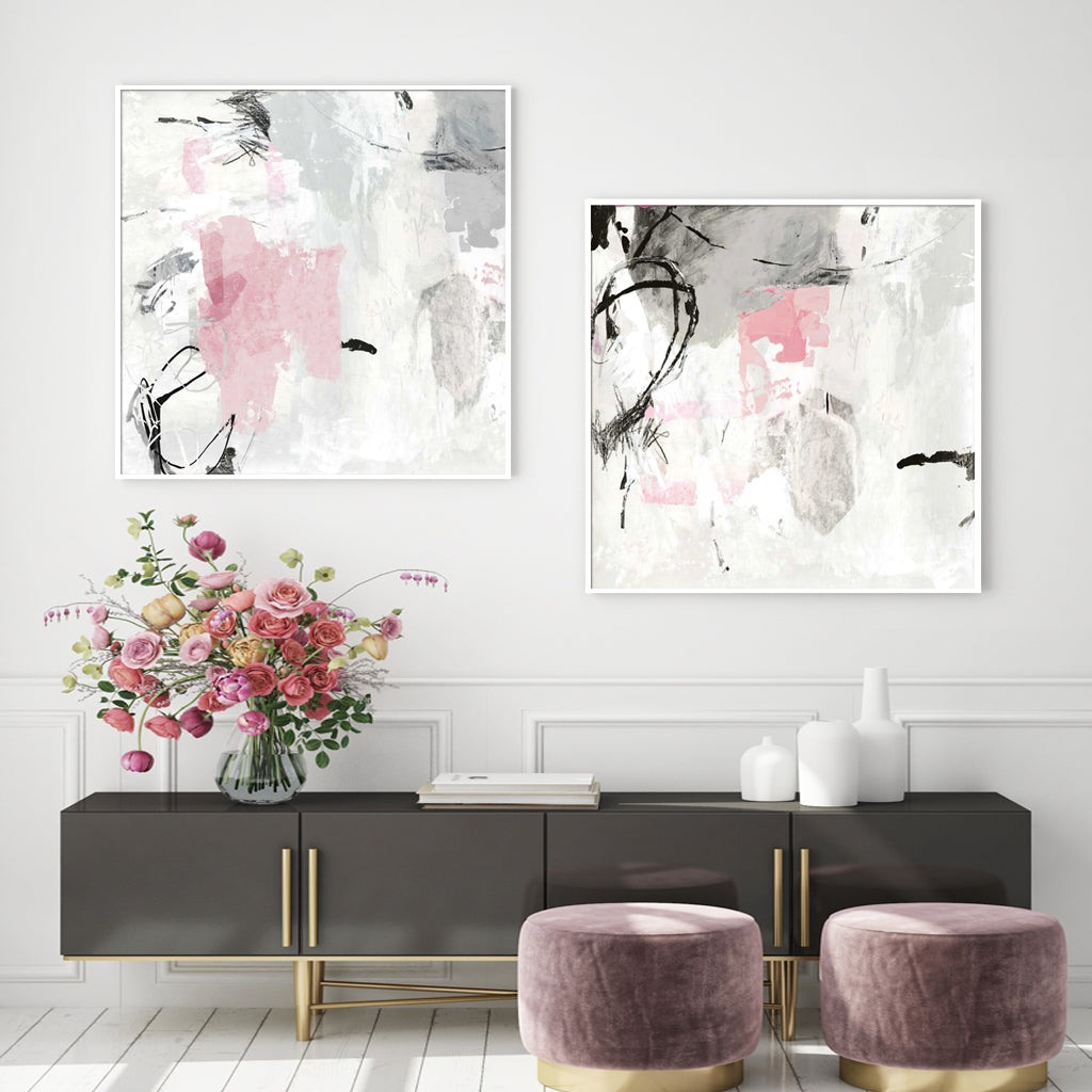 50cmx50cm Abstract Pink Grey 2 Sets White Frame Canvas Wall Art - BM House & Garden