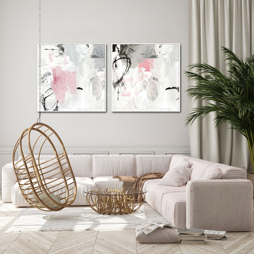 50cmx50cm Abstract Pink Grey 2 Sets White Frame Canvas Wall Art - BM House & Garden