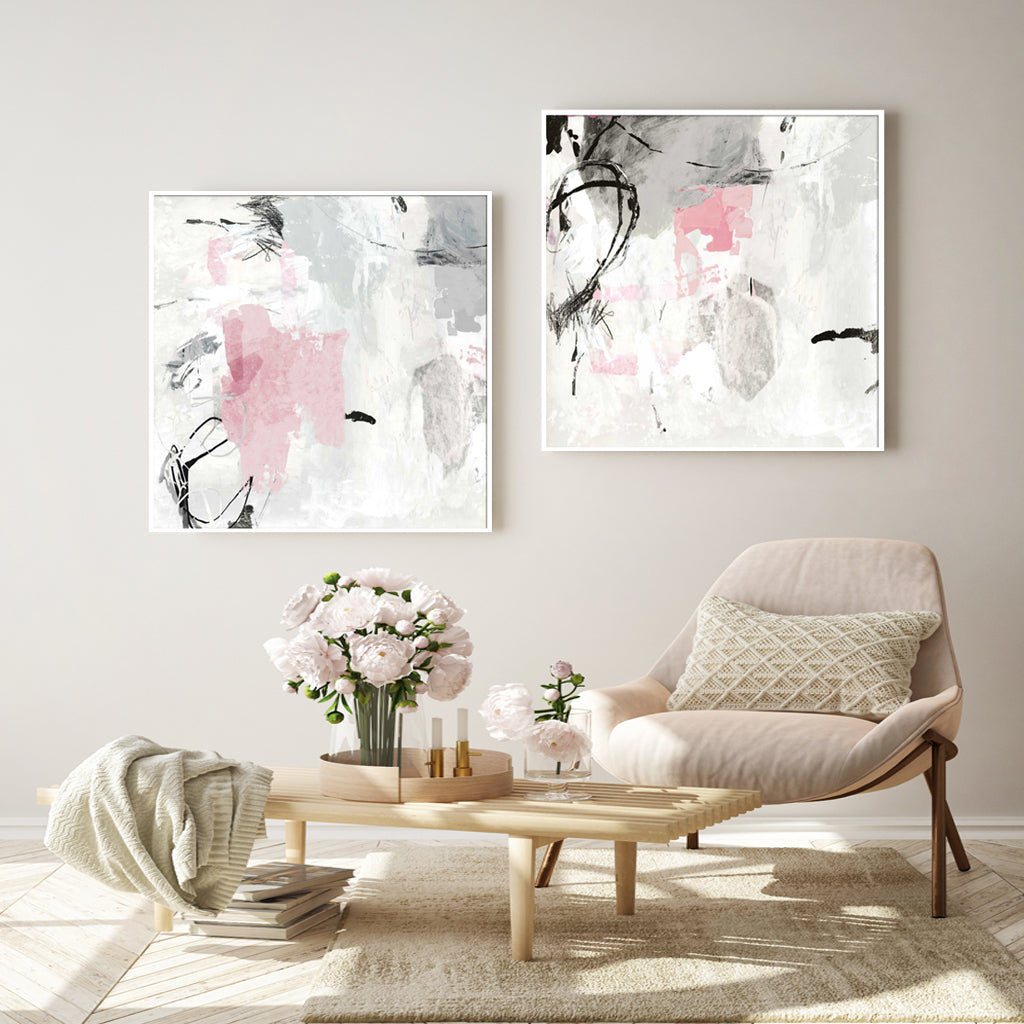 60cmx60cm Abstract Pink Grey 2 Sets White Frame Canvas Wall Art - BM House & Garden