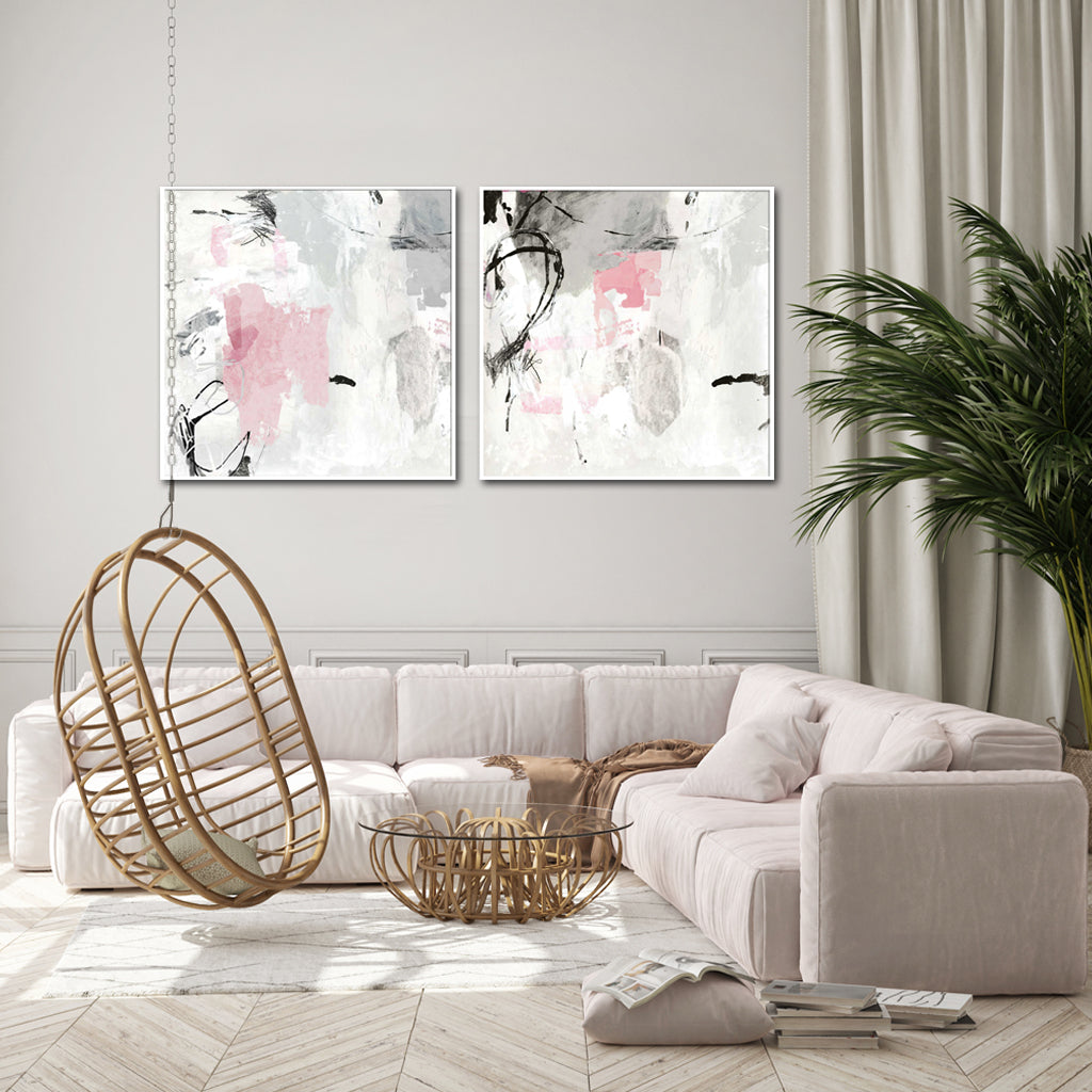 60cmx60cm Abstract Pink Grey 2 Sets White Frame Canvas Wall Art - BM House & Garden