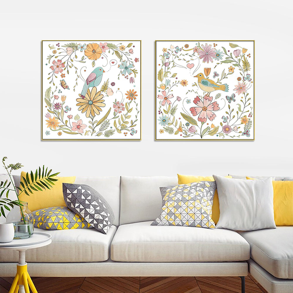 50cmx50cm Floral birds 2 Sets Gold Frame Canvas Wall Art - BM House & Garden