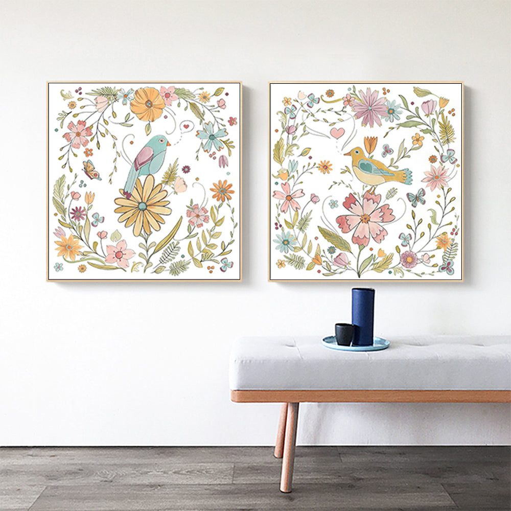 50cmx50cm Floral birds 2 Sets Gold Frame Canvas Wall Art - BM House & Garden
