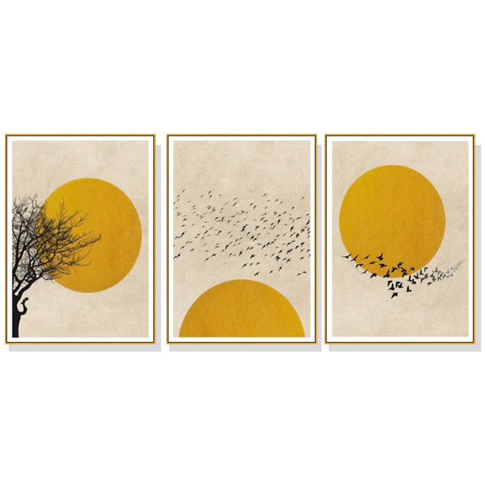 50cmx70cm Flock Of Birds Sun Silhouette 3 Sets Gold Frame Canvas Wall Art - BM House & Garden