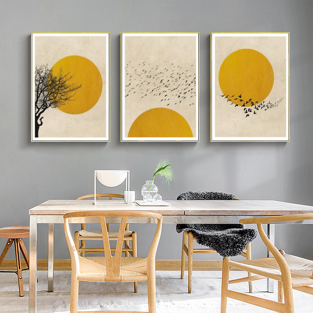 50cmx70cm Flock Of Birds Sun Silhouette 3 Sets Gold Frame Canvas Wall Art - BM House & Garden