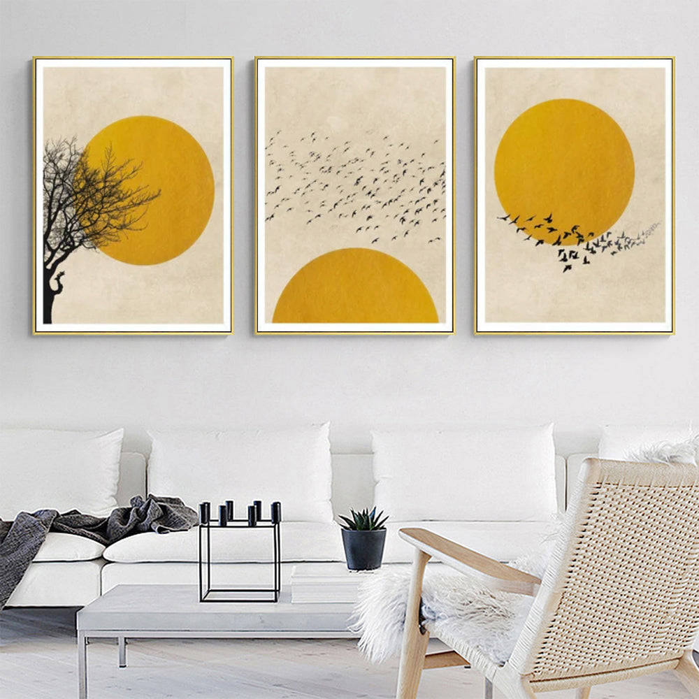 50cmx70cm Flock Of Birds Sun Silhouette 3 Sets Gold Frame Canvas Wall Art - BM House & Garden