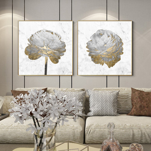 50cmx50cm Gold And White Blossom On White 2 Sets Gold Frame Canvas Wall Art - BM House & Garden