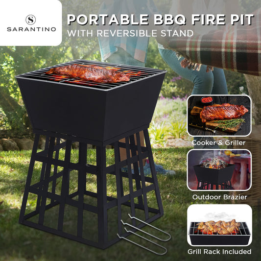 Wallaroo Outdoor Fire Pit for BBQ, Grilling, Cooking, Camping- Portable Brazier with Reversible Stand for Backyard - BM House & Garden