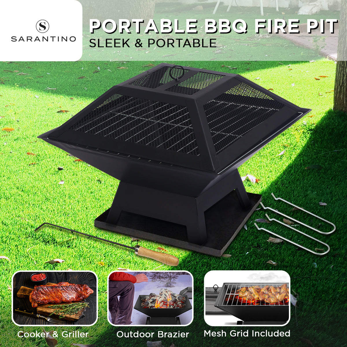 Wallaroo 46 x 46cm Portable Outdoor Fire Pit with Ash Tray and Mesh Dome - BM House & Garden