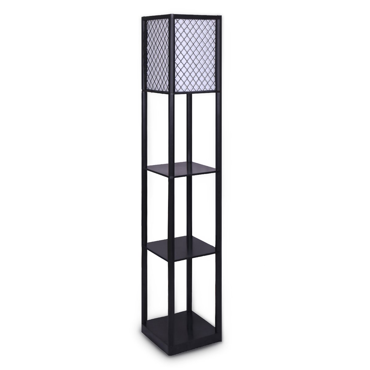 Sarantino Etagere Floor Lamp Diamond Look Fabric Shade Shelves Black - BM House & Garden