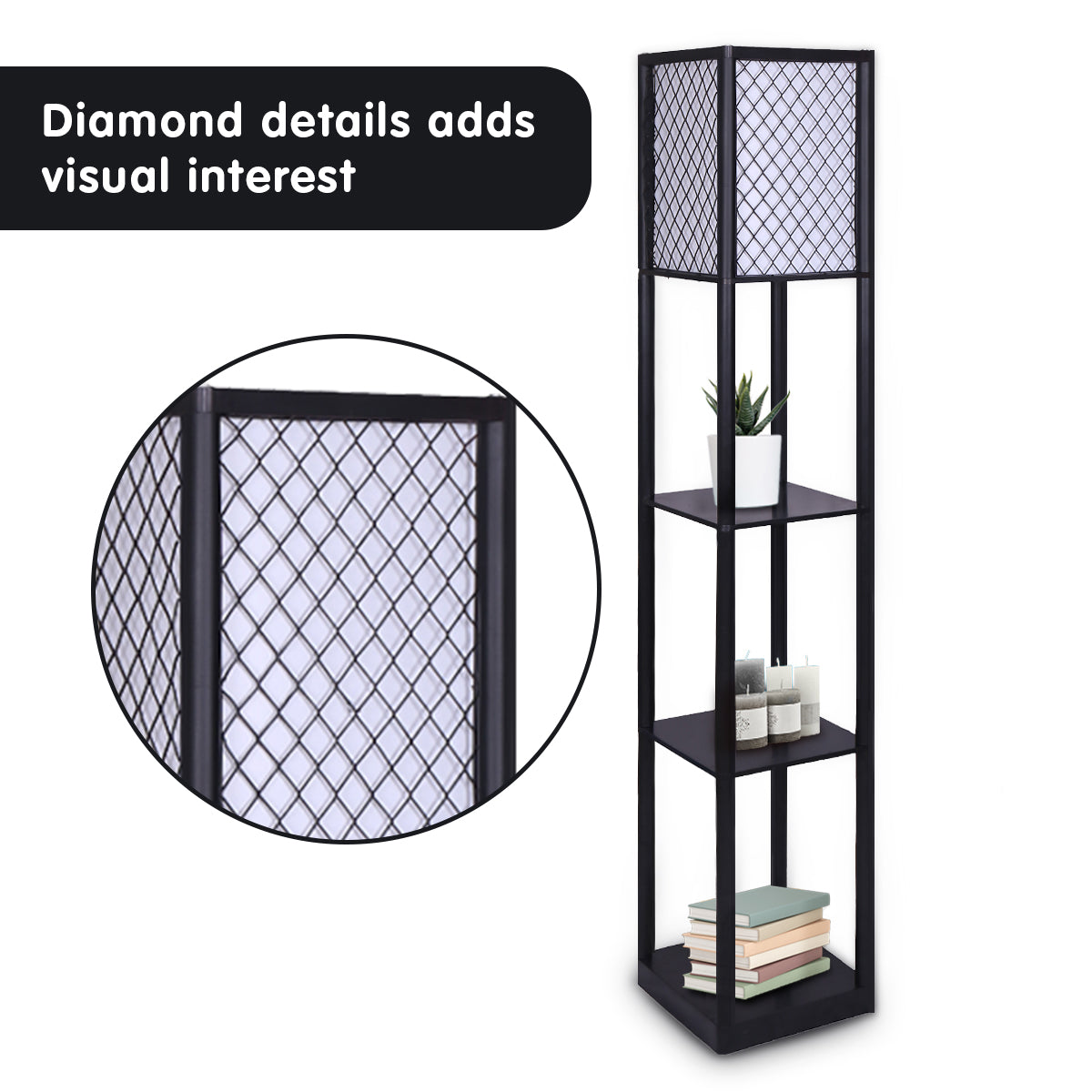 Sarantino Etagere Floor Lamp Diamond Look Fabric Shade Shelves Black - BM House & Garden