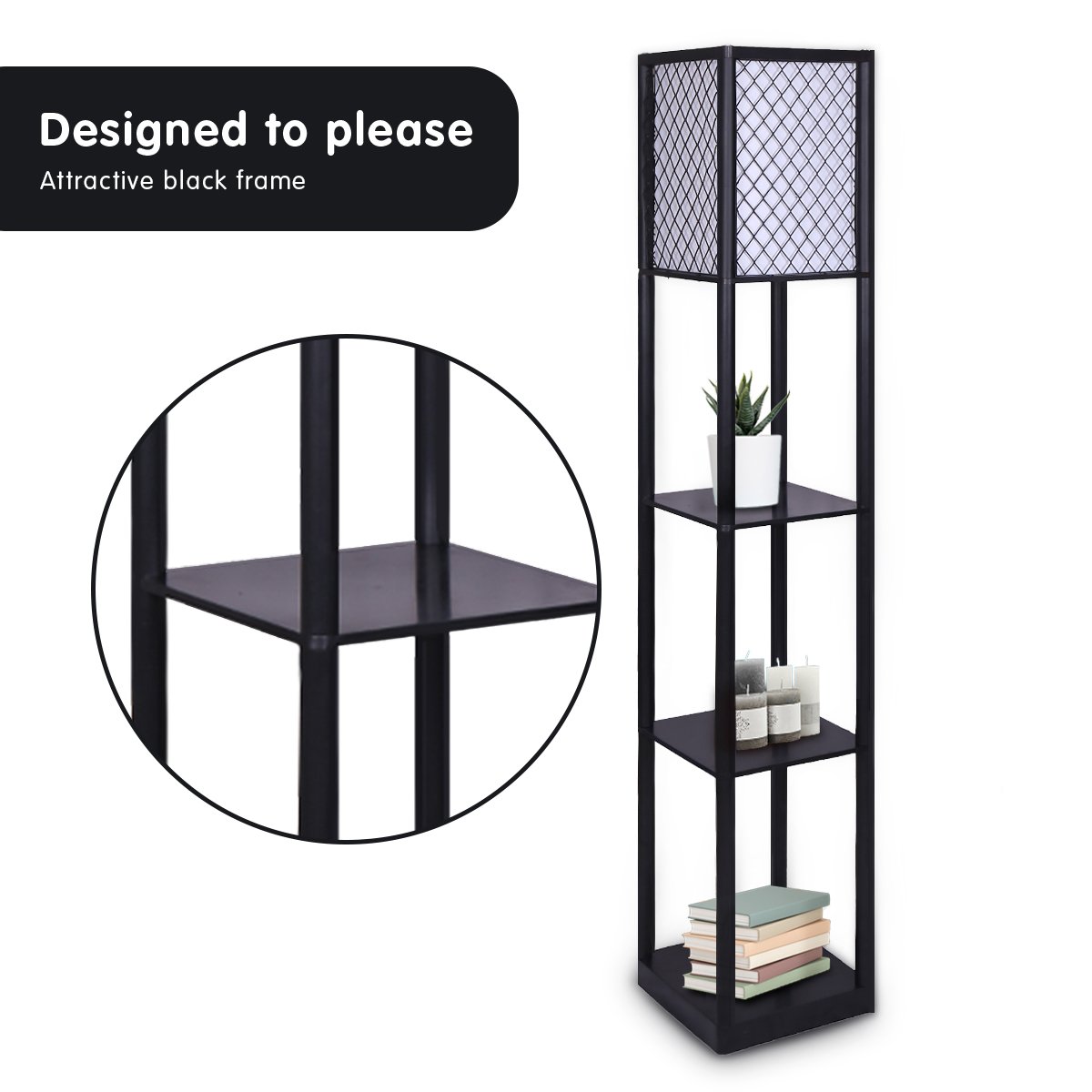 Sarantino Etagere Floor Lamp Diamond Look Fabric Shade Shelves Black - BM House & Garden