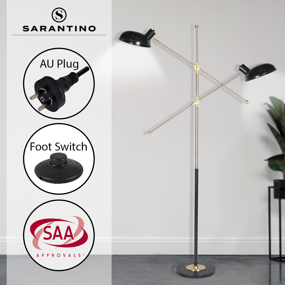 Sarantino Adjustable Two Light Lamp Black and Gold Finish - BM House & Garden