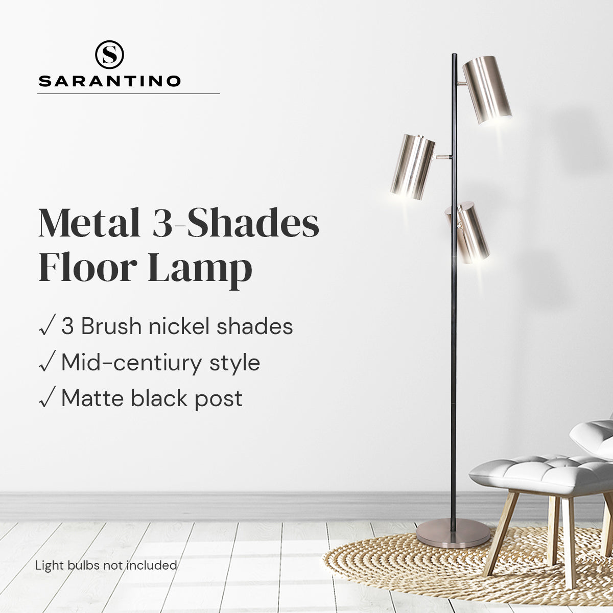 Sarantino 3-Shade Metal Floor Lamp Nickel & Matte Black Finish - BM House & Garden