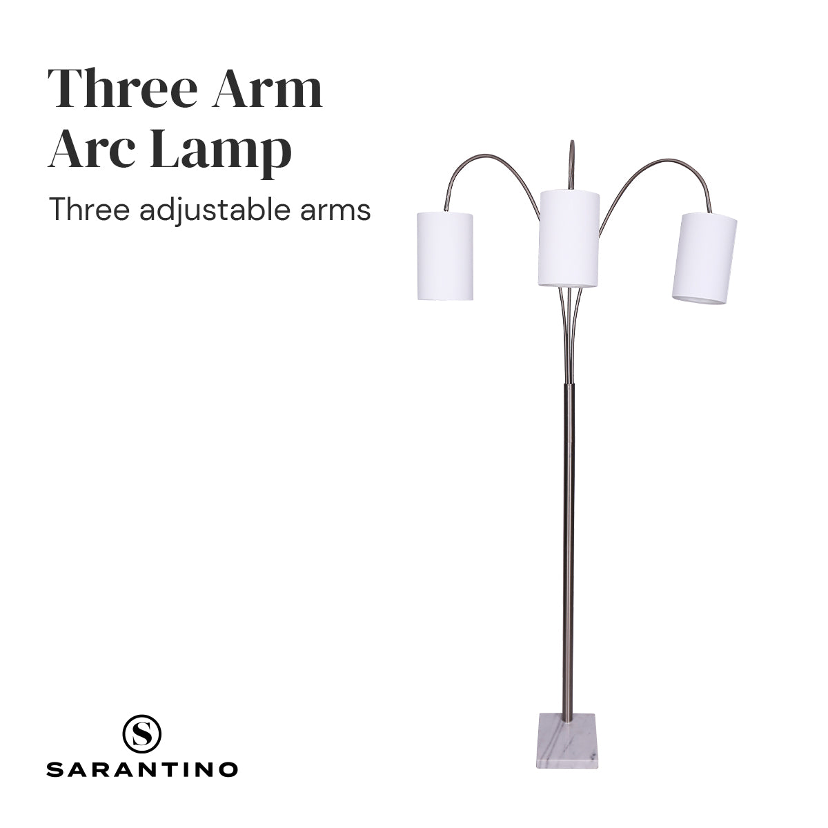 Sarantino 3-Light Metal Arc Floor Lamp - Nickel & Marble Finish - BM House & Garden