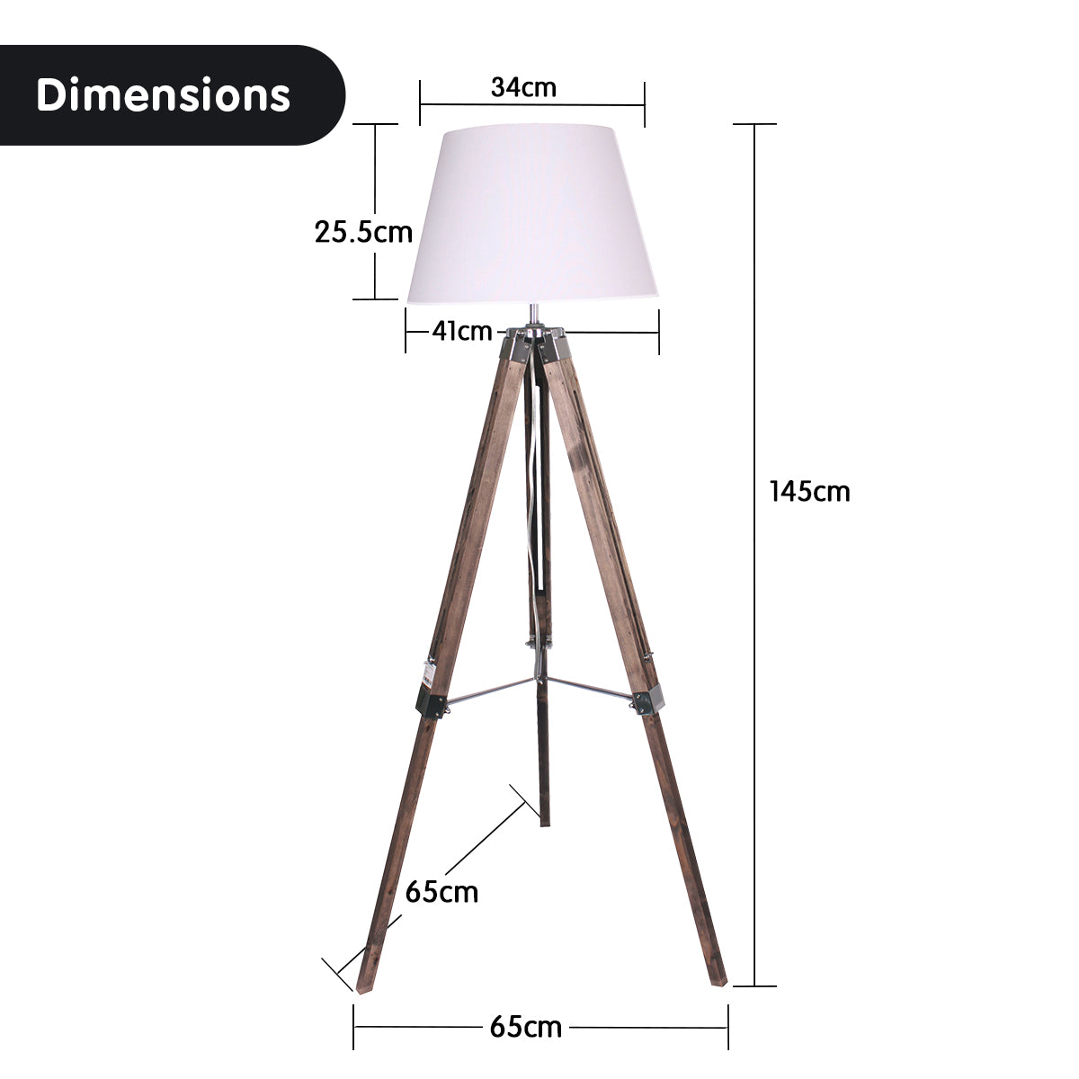 Sarantino Solid Wood Tripod Floor Lamp Adjustable Height White Shade - BM House & Garden