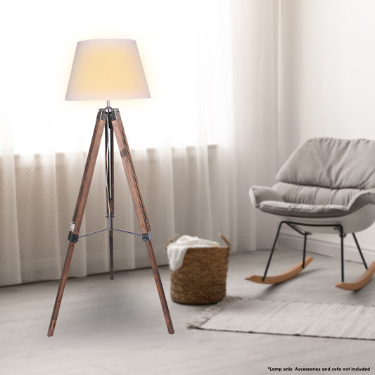 Sarantino Solid Wood Tripod Floor Lamp Adjustable Height White Shade - BM House & Garden