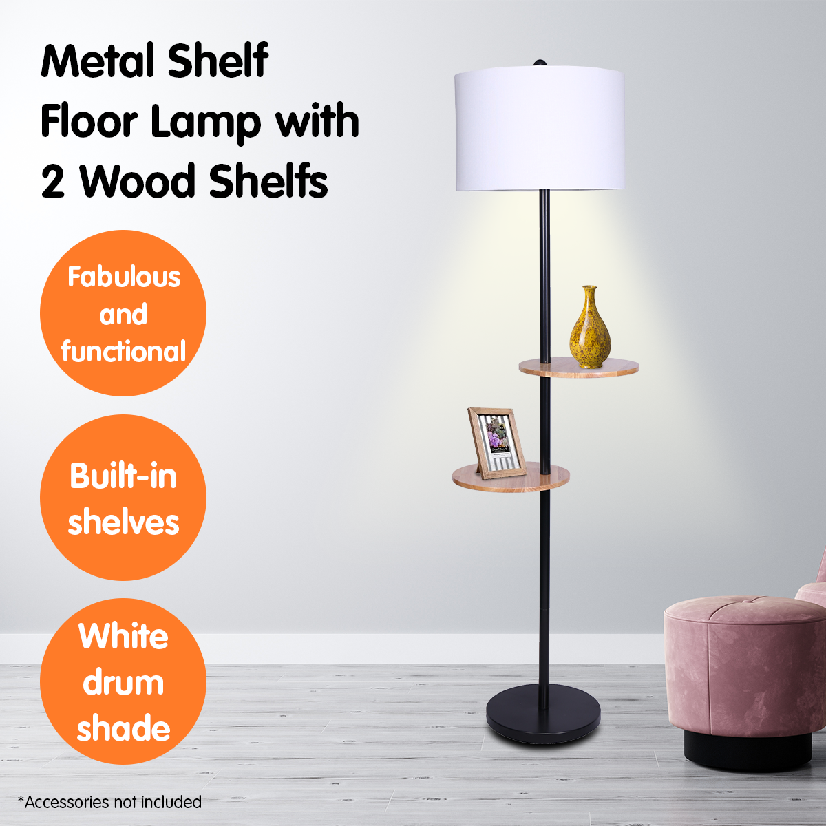 Sarantino Metal Floor Lamp Shade with Black Post in Round Wood Shelves - BM House & Garden