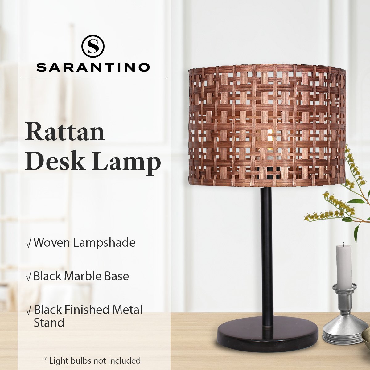 Sarantino Rattan Desk Lamp With Black Marble Base - BM House & Garden