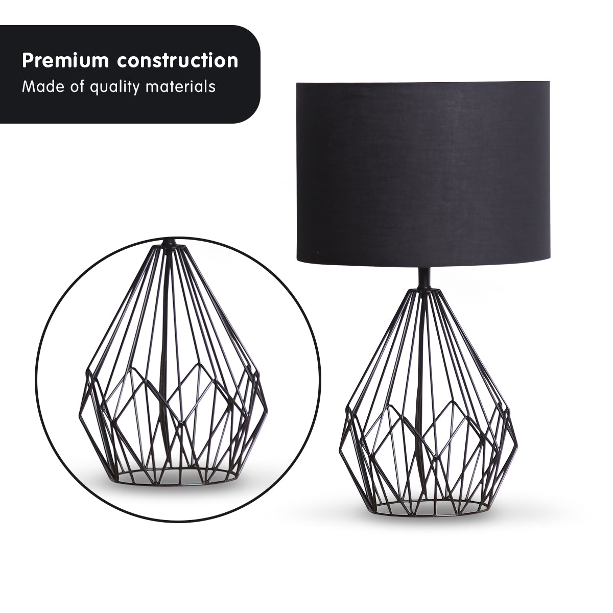 Sarantino Metal Wire Table Lamp in Black Finish With Black Drum Shade - BM House & Garden