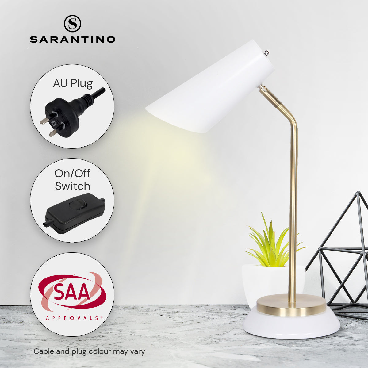 Sarantino Electric Reading Light Table Lamp Brass Finish - White - BM House & Garden