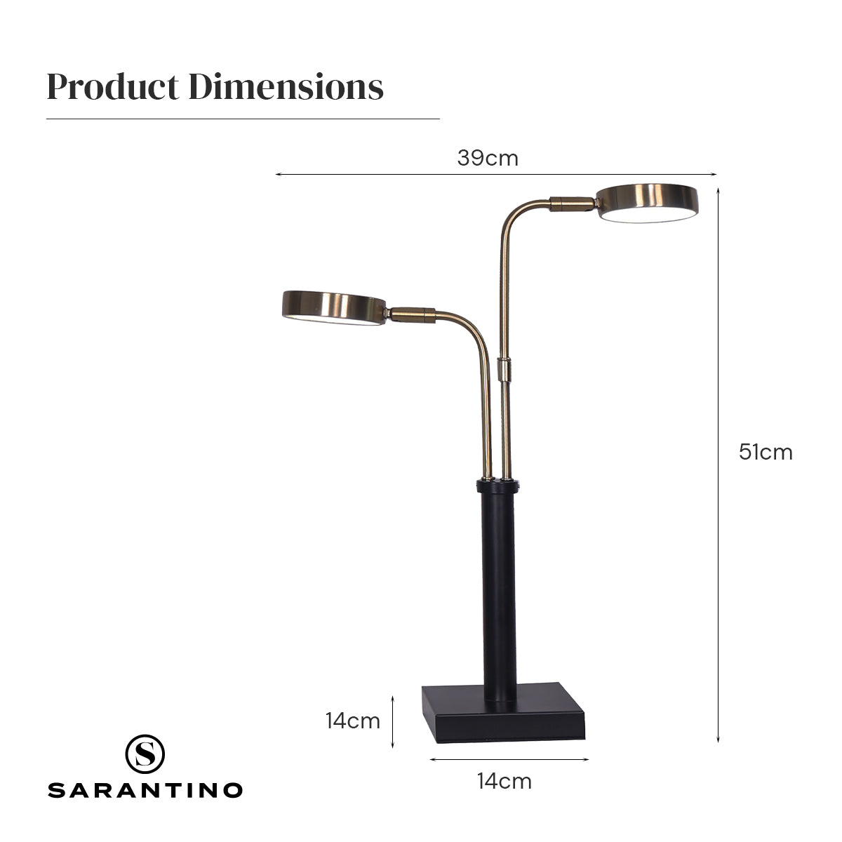 Sarantino LED Metal Table Lamp with 2 Lights Brushed Gold Black Finish - BM House & Garden