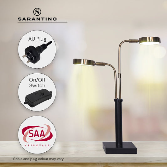 Sarantino LED Metal Table Lamp with 2 Lights Brushed Gold Black Finish - BM House & Garden