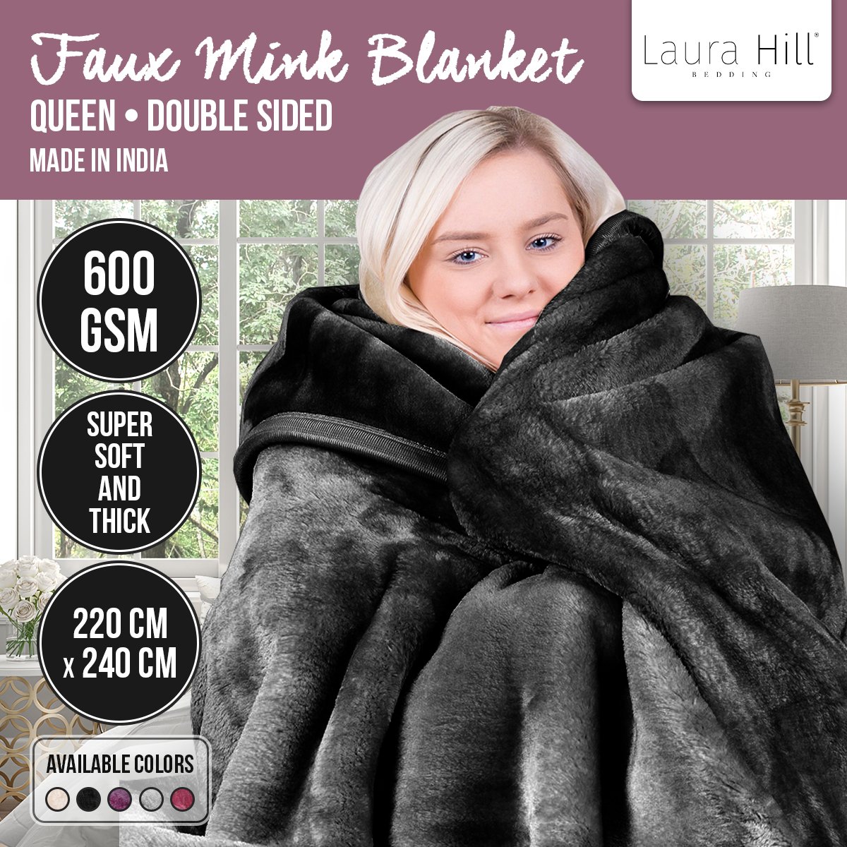 Laura Hill 600GSM Faux Mink Blanket Double-Sided Queen Size - Black - BM House & Garden