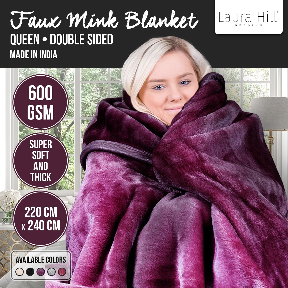 Laura Hill Mink Blanket Throw Purple Double Sided Queen Size Soft Plush Bed Faux Rug - BM House & Garden