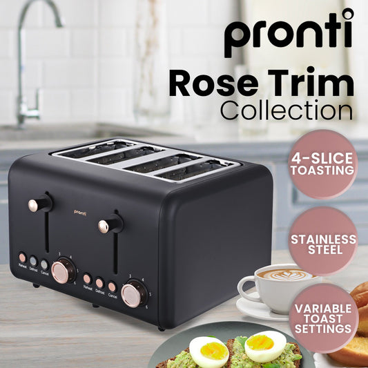 Pronti 4 Slice Toaster Rose Trim Collection - Black - BM House & Garden