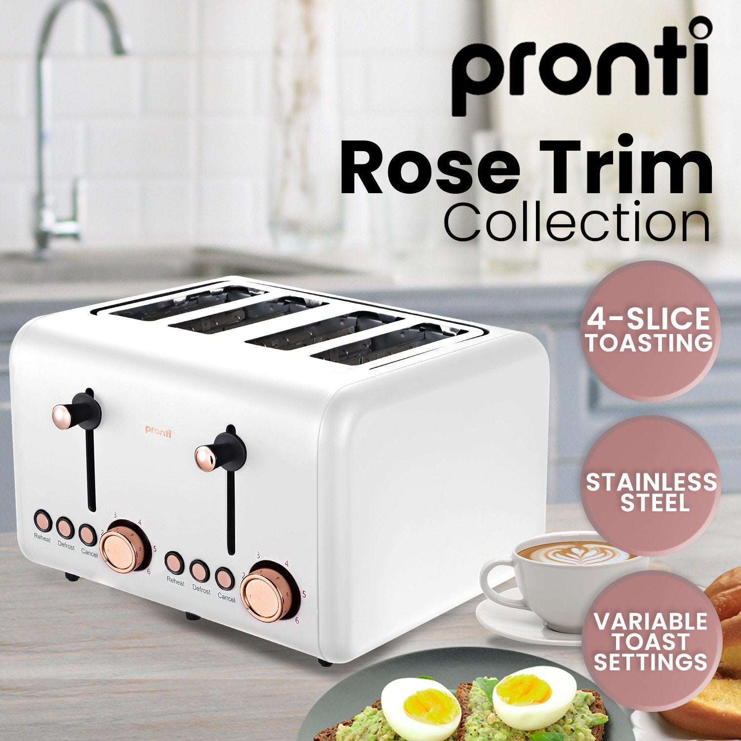 Pronti 4 Slice Toaster Rose Trim Collection - White - BM House & Garden