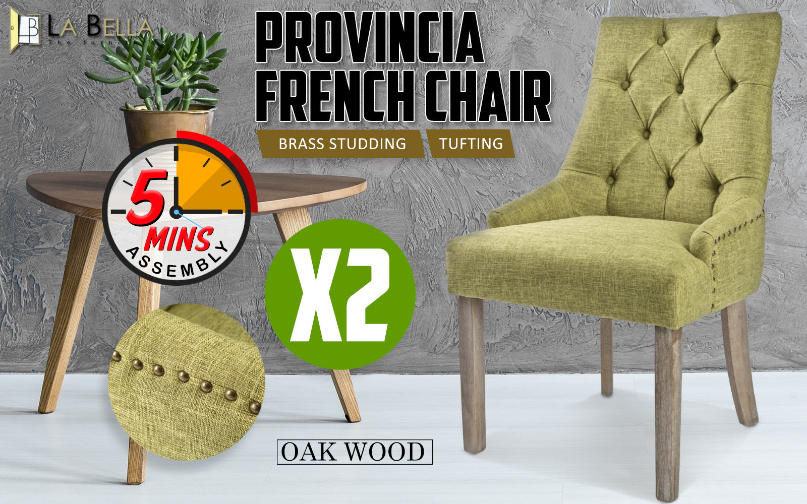 La Bella Set of 2 Green French Provincial Dining Chair Amour Oak Leg - BM House & Garden