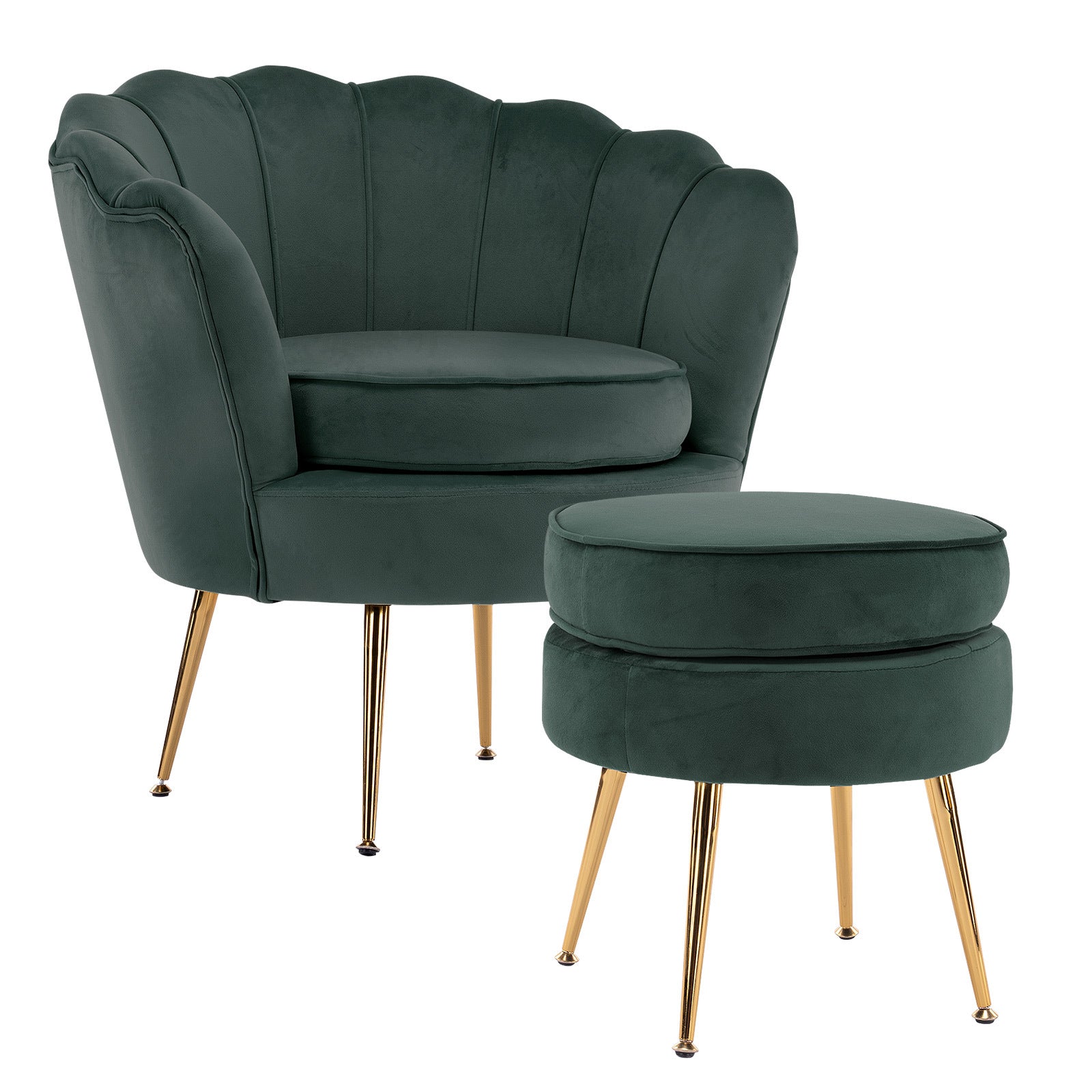 La Bella Shell Scallop Green Armchair Accent Chair Velvet + Round Ottoman Footstool - BM House & Garden