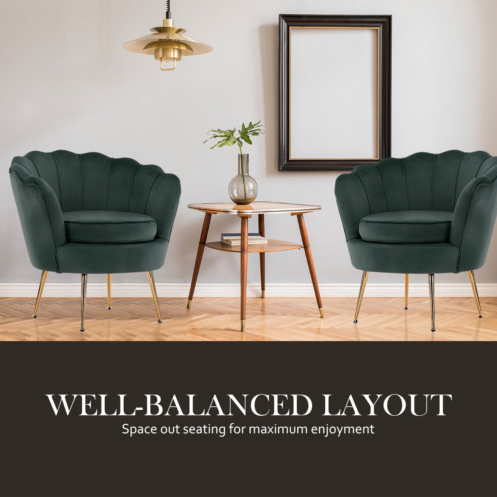 La Bella Shell Scallop Green Armchair Accent Chair Velvet + Round Ottoman Footstool - BM House & Garden