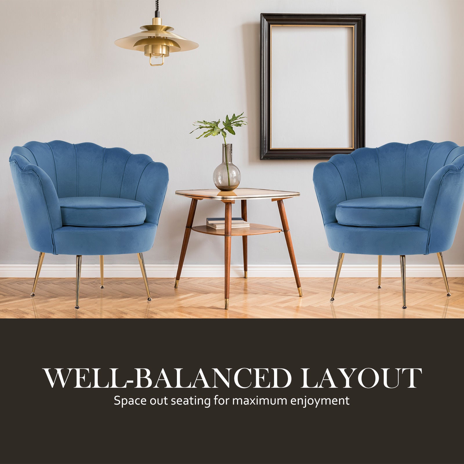 La Bella Shell Scallop Navy Blue Armchair Accent Chair Velvet + Round Ottoman Footstool - BM House & Garden
