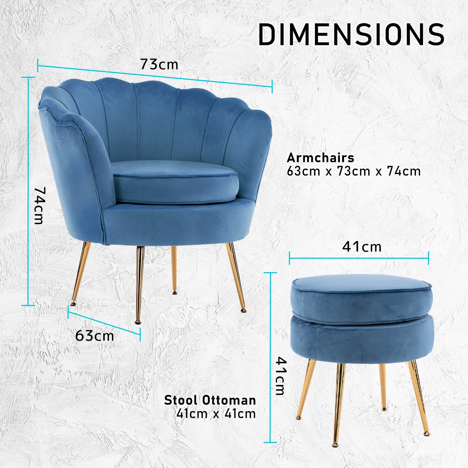 La Bella Shell Scallop Navy Blue Armchair Accent Chair Velvet + Round Ottoman Footstool - BM House & Garden