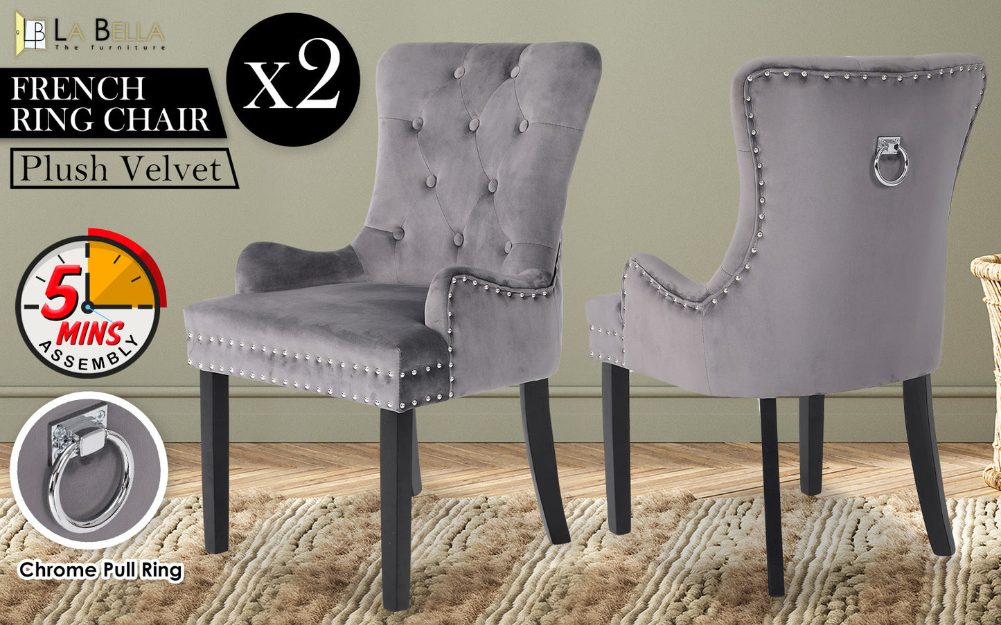 La Bella Set of 2 Grey French Provincial Dining Chair with Studded Trim - BM House & Garden