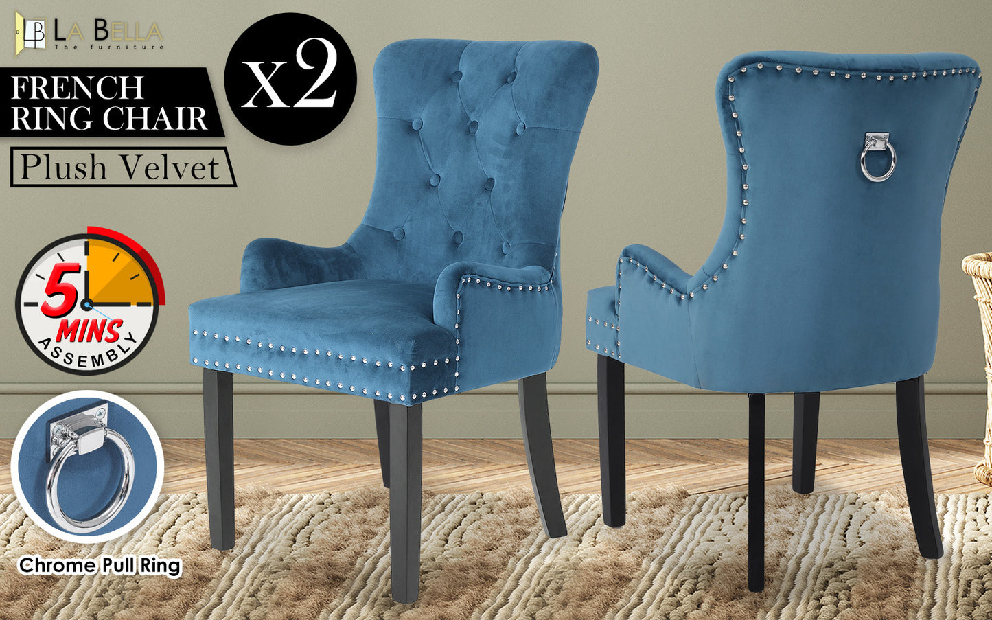 La Bella Set of 2 Blue French Provincial Dining Chair with Studded Trim - BM House & Garden