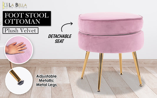 La Bella Pink Round Ottoman Foot Stool Velvet Fabric Metal Leg - BM House & Garden